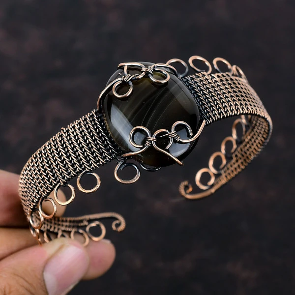 Sardonyx Oval Black Handmade Copper Wire Wrapped Bangle