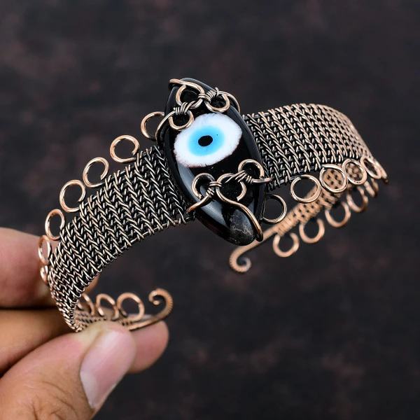 Black Color Evil Eye Marquise Black Handmade Copper Wire Wrapped Bangle