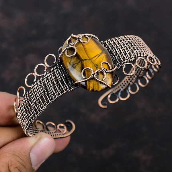 Tiger's Eye Oval Brown Handmade Copper Wire Wrapped Bangle