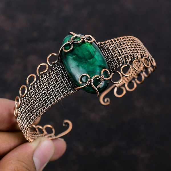 Green Fire Labradorite Oval Green Handmade Copper Wire Wrapped Bangle