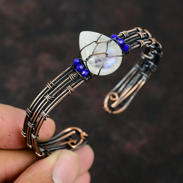 Rainbow Moonstone Pear White Handmade Copper Wire Wrapped Bangle