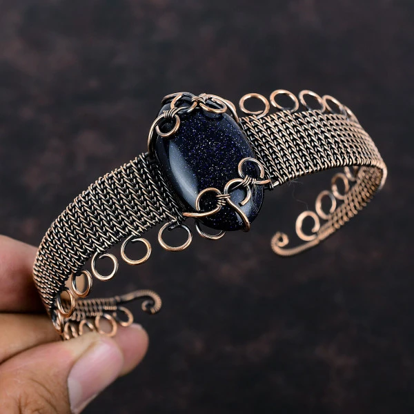 Blue Sunstone Oval Blue Handmade Copper Wire Wrapped Bangle