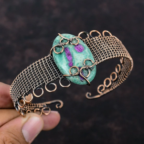 Ruby Fuchsite Oval Green Handmade Copper Wire Wrapped Bangle