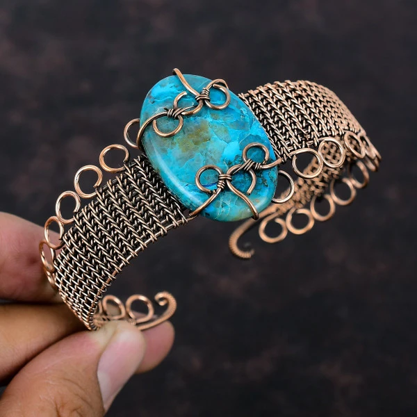 Chrysocolla Oval Blue Handmade Copper Wire Wrapped Bangle