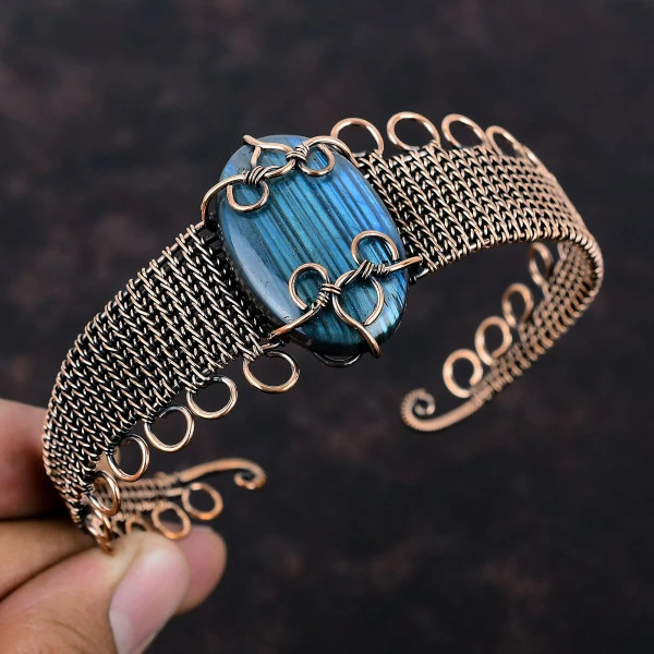 Labradorite Oval Gray Handmade Copper Wire Wrapped Bangle
