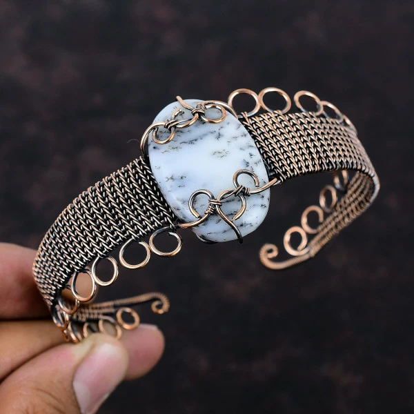 Dendrite Opal Oval White Handmade Copper Wire Wrapped Bangle