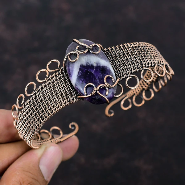 Chevron Amethyst Oval Purple Handmade Copper Wire Wrapped Bangle