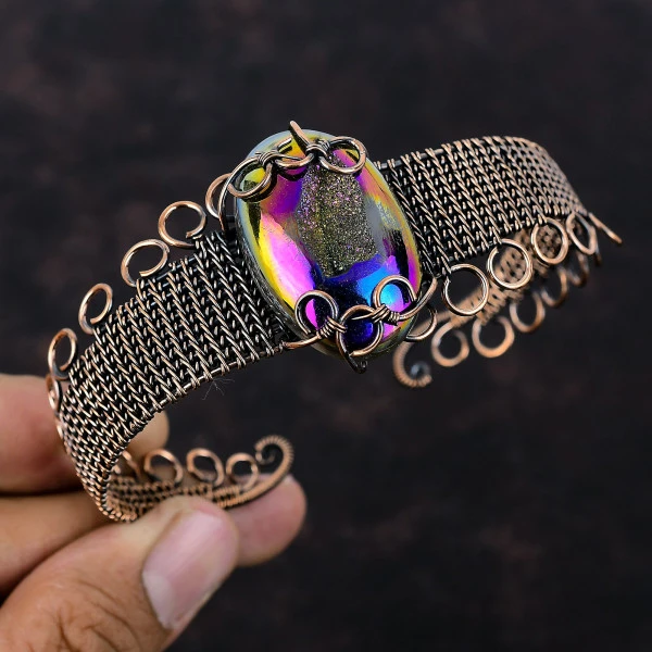 Titanium Druzy Oval Pink Handmade Copper Wire Wrapped Bangle