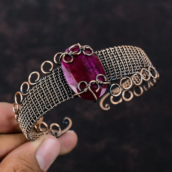 Kashmir Ruby Oval Pink Handmade Copper Wire Wrapped Bangle