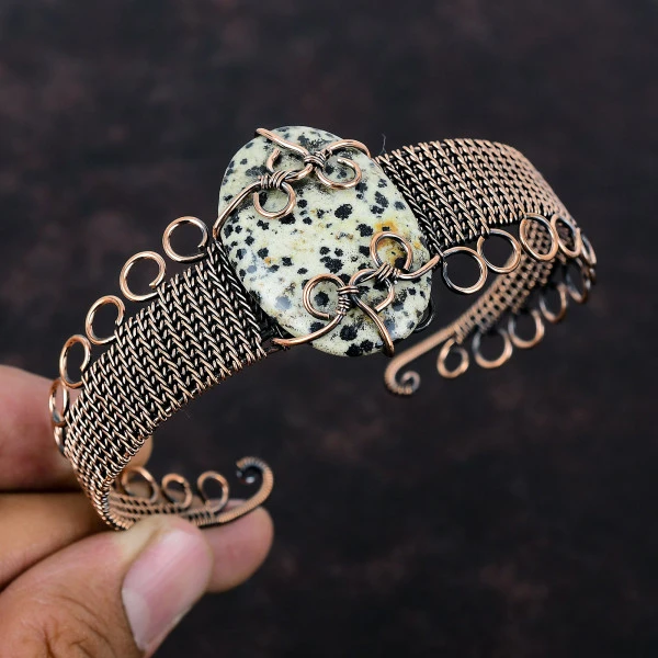 Dalmatian Jasper Oval Black Handmade Copper Wire Wrapped Bangle