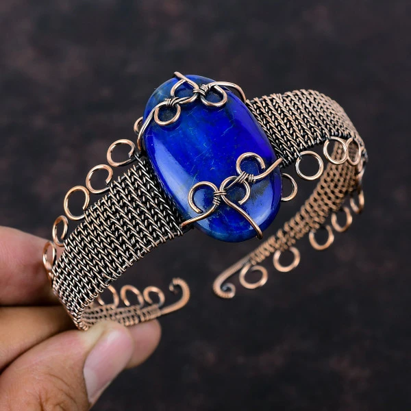 Blue Fire Labradorite Oval Blue Handmade Copper Wire Wrapped Bangle