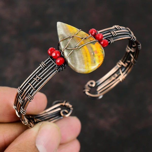 Bumble Bee Jasper Pear Yellow Handmade Copper Wire Wrapped Bangle