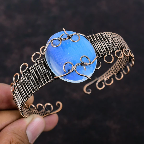Milky Opal Oval White Handmade Copper Wire Wrapped Bangle