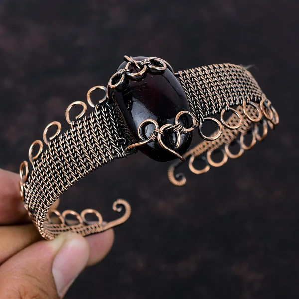 Red Fire Labradorite Oval Red Handmade Copper Wire Wrapped Bangle