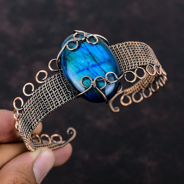 Neon Flash Labradorite Oval Blue Handmade Copper Wire Wrapped Bangle