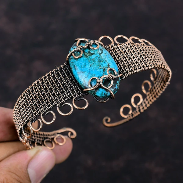 Tibetan Turquoise Oval Blue Handmade Copper Wire Wrapped Bangle