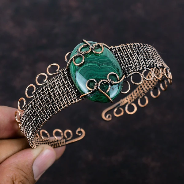 Malachite Oval Green Handmade Copper Wire Wrapped Bangle