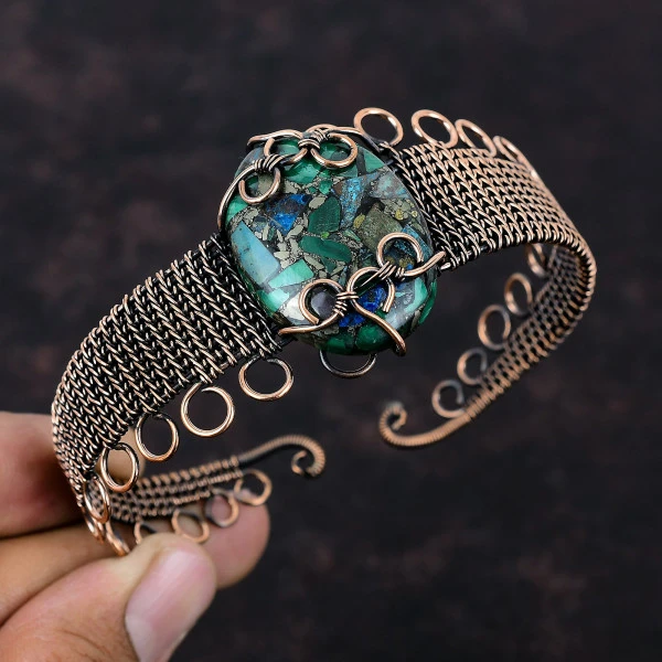 Copper Azurite Malachite Oval Green Handmade Copper Wire Wrapped Bangle