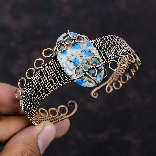 K2 Jasper Oval White Handmade Copper Wire Wrapped Bangle