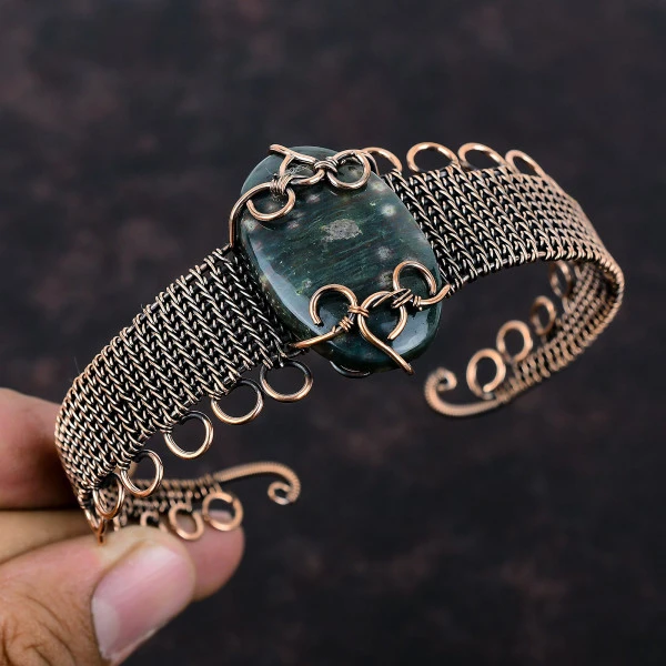 Ocean Jasper Oval Green Handmade Copper Wire Wrapped Bangle