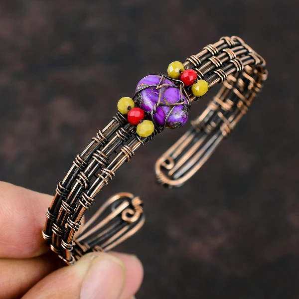Purple Turquoise Oval Purple Handmade Copper Wire Wrapped Bangle