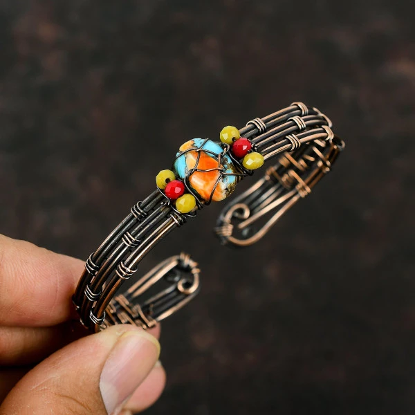 Spiny Oyster Copper Turquoise Oval Orange Handmade Copper Wire Wrapped Bangle