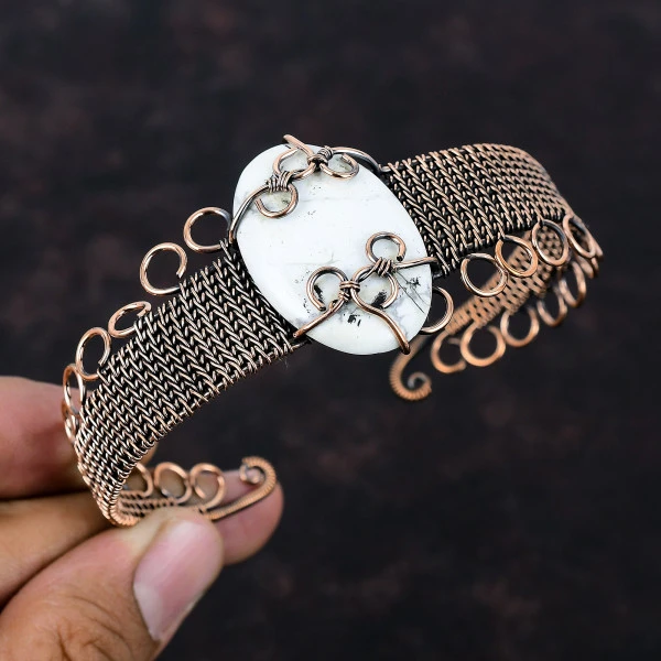 Howlite Oval White Handmade Copper Wire Wrapped Bangle
