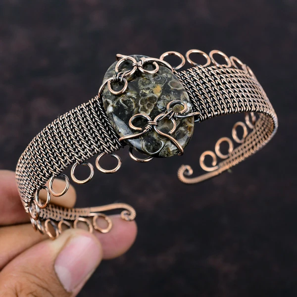 Turritella Agate Oval Brown Handmade Copper Wire Wrapped Bangle