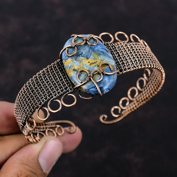 Pietersite Oval Gray Handmade Copper Wire Wrapped Bangle