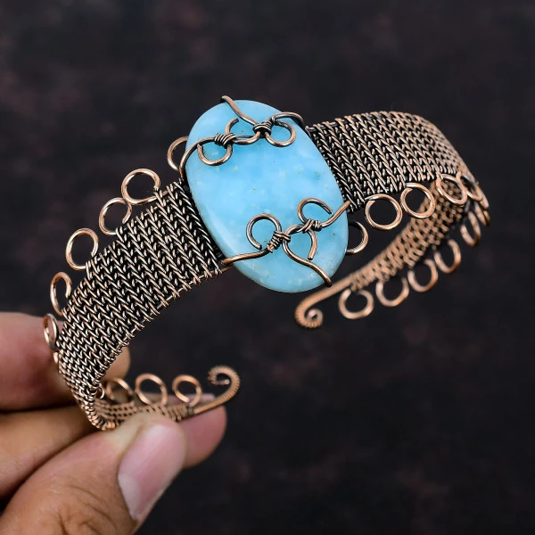 Hemimorphite Oval Blue Handmade Copper Wire Wrapped Bangle