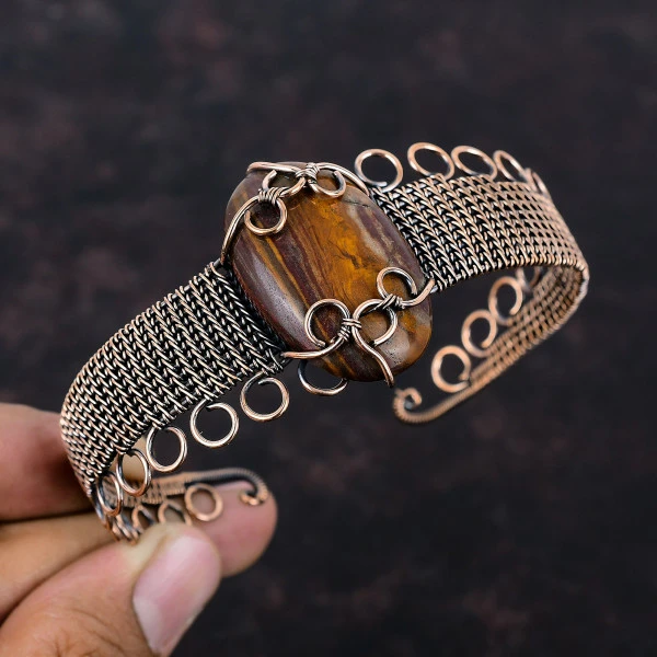 Red Snakeskin Jasper Oval Red Handmade Copper Wire Wrapped Bangle
