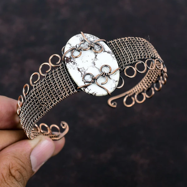 Wild Horse Magnesite Oval White Handmade Copper Wire Wrapped Bangle
