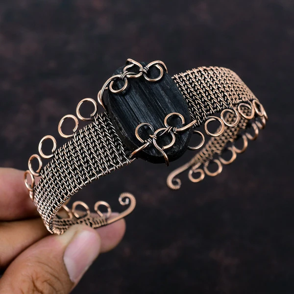 Black Tourmaline Rough Oval Black Handmade Copper Wire Wrapped Bangle