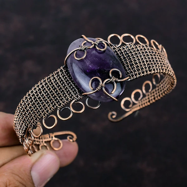 Star Amethyst Oval Purple Handmade Copper Wire Wrapped Bangle