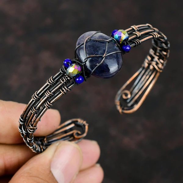 Iolite Sunstone Oval Blue Handmade Copper Wire Wrapped Bangle