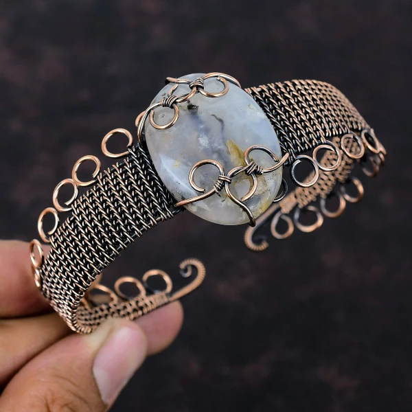 Plume Agate Oval White Handmade Copper Wire Wrapped Bangle