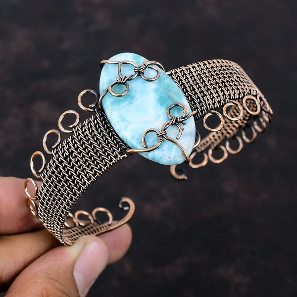 Larimar Oval Blue Handmade Copper Wire Wrapped Bangle