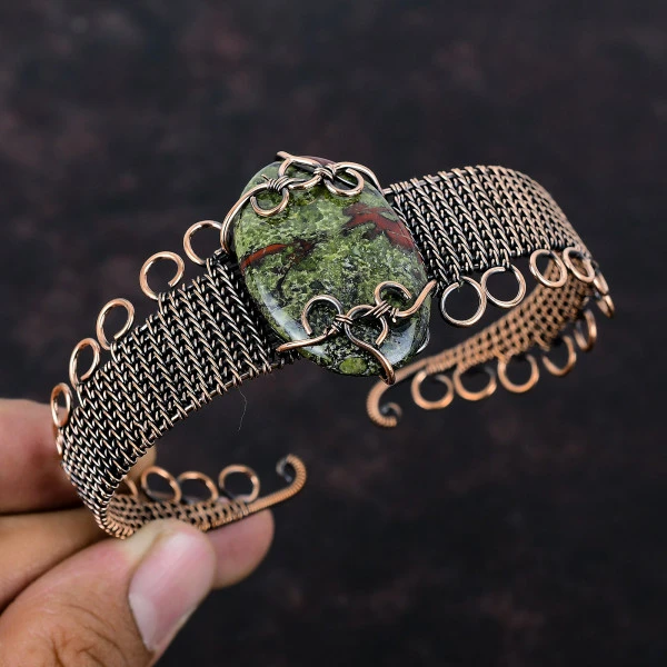 Dragon Bloodstone Oval Green Handmade Copper Wire Wrapped Bangle