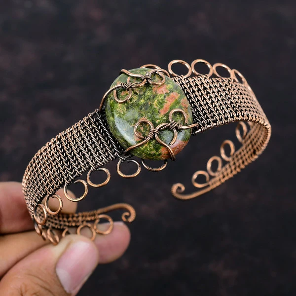 Unakite Oval Green Handmade Copper Wire Wrapped Bangle