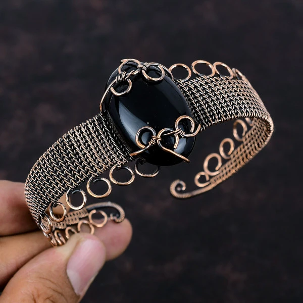 Black Onyx Oval Black Handmade Copper Wire Wrapped Bangle