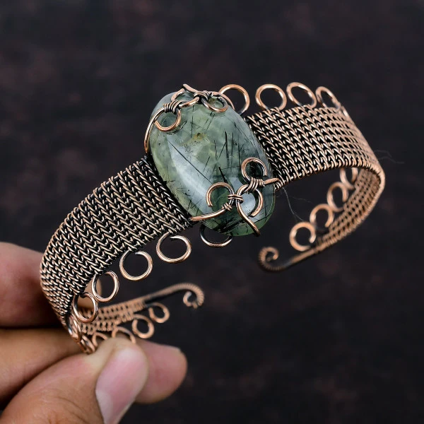 Moss Prehnite Oval Green Handmade Copper Wire Wrapped Bangle