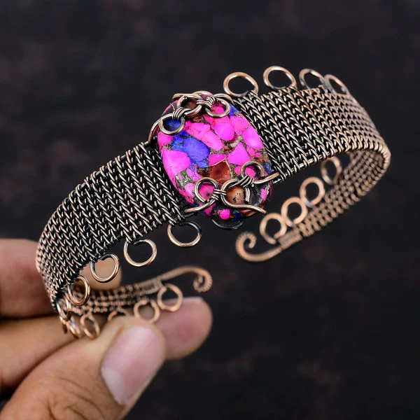 Kingman Pink Dahlia Turquoise Oval Pink Handmade Copper Wire Wrapped Bangle