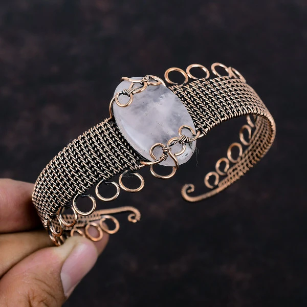 Rose Quartz Oval Pink Handmade Copper Wire Wrapped Bangle