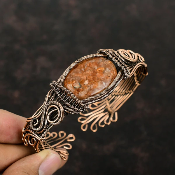 Sunstone Oval Orange Handmade Copper Wire Wrapped Bangle