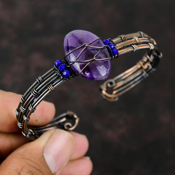 Star Amethyst Oval Purple Handmade Copper Wire Wrapped Bangle