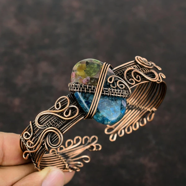 Watermelon Tourmaline Oval Blue Handmade Copper Wire Wrapped Bangle