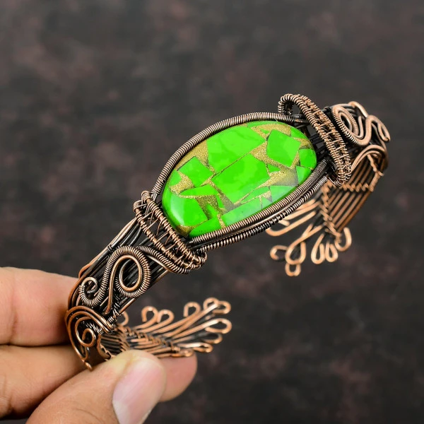 Copper Green Turquoise Oval Green Handmade Copper Wire Wrapped Bangle