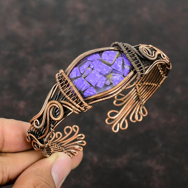 Copper Charoite Oval Purple Handmade Copper Wire Wrapped Bangle
