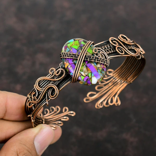 Fiesta Kingman Turquoise Oval Green Handmade Copper Wire Wrapped Bangle