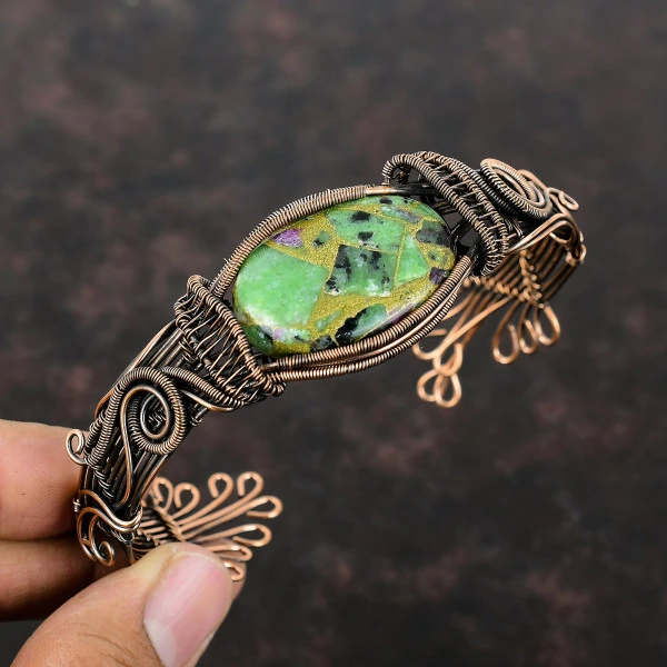 Copper Ruby Zoisite Oval Green Handmade Copper Wire Wrapped Bangle